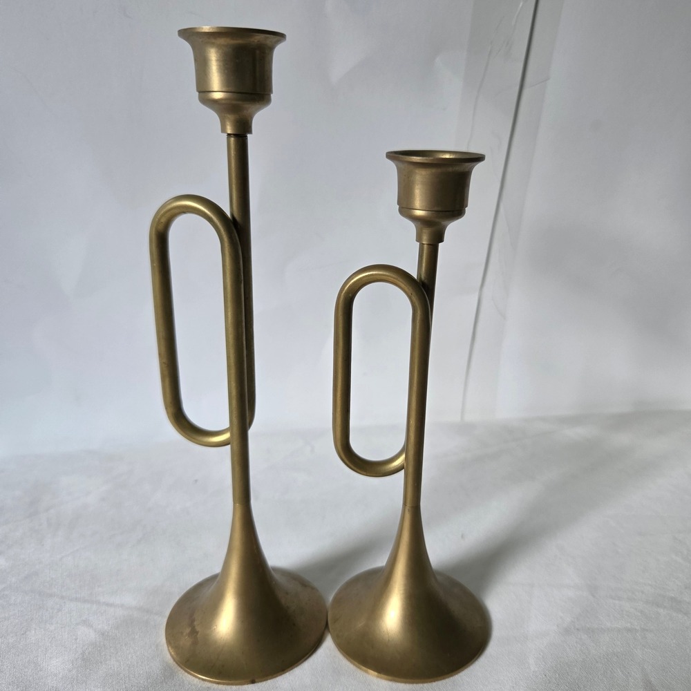 Vintage Brass Trumpet Horn Candlestick Holders Set of 2 Musical Decor Taper